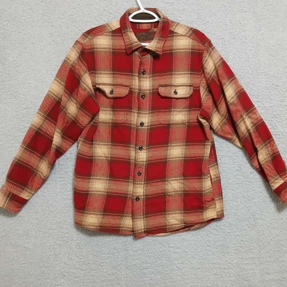 Orvis Big Bear Heavyweight‎ Flannel Shirt Size M Red Cream Plaid Cotton